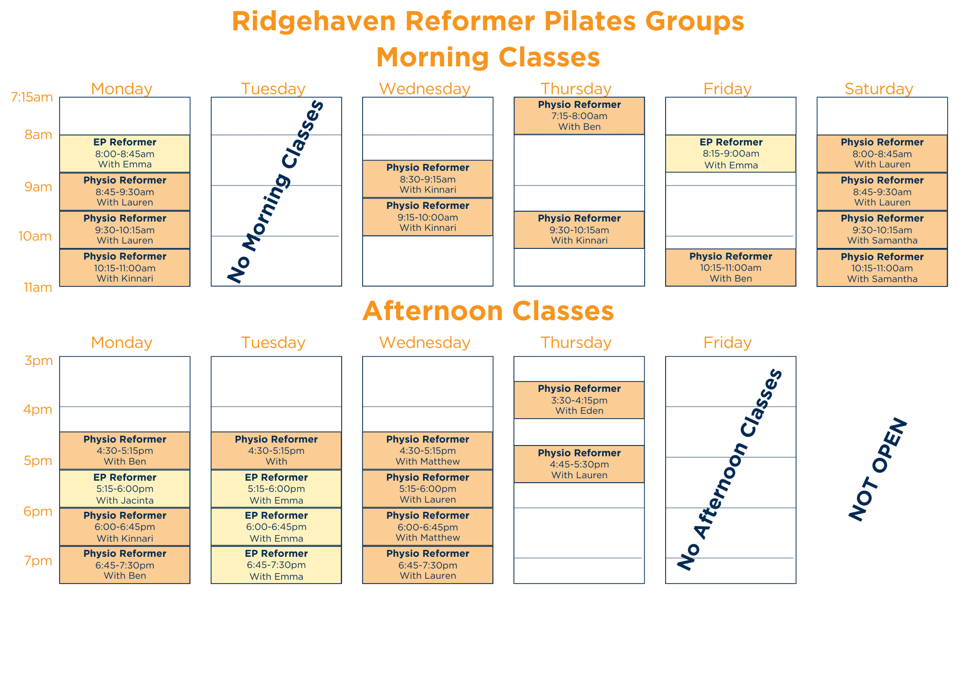 G Reformer Pilates Timetable 